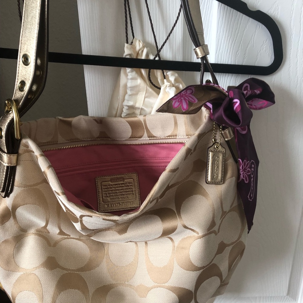 Coach Signature Khaki Canvas Shoulder Bag with Pink Interior